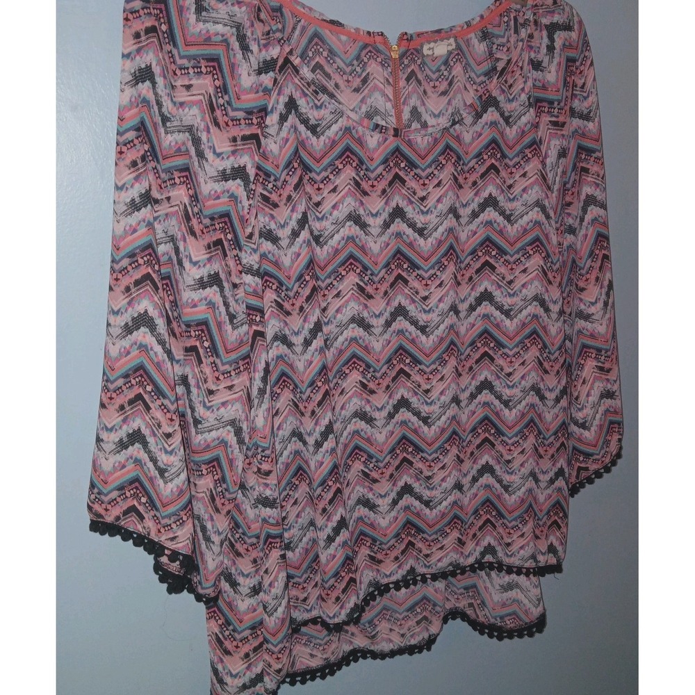Eyeshadow Geometric Large‎ Coral Turquoise 3/4 Sleeve Tunic Blouse Top Sz L